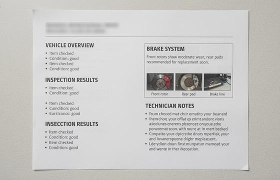 Example report thumbnail showing a blurred brake-related note and photo panel
